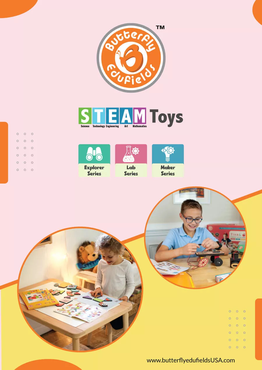 Butterfly Edutools STEAM Toys brochure with children engaging in educational activities on a pink and orange background.